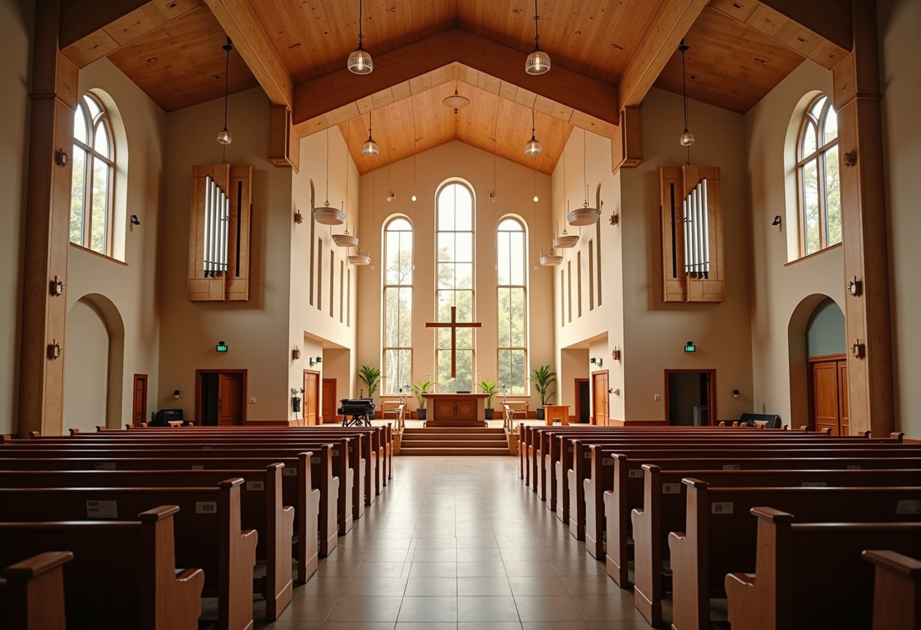 Line array hung above the chancel